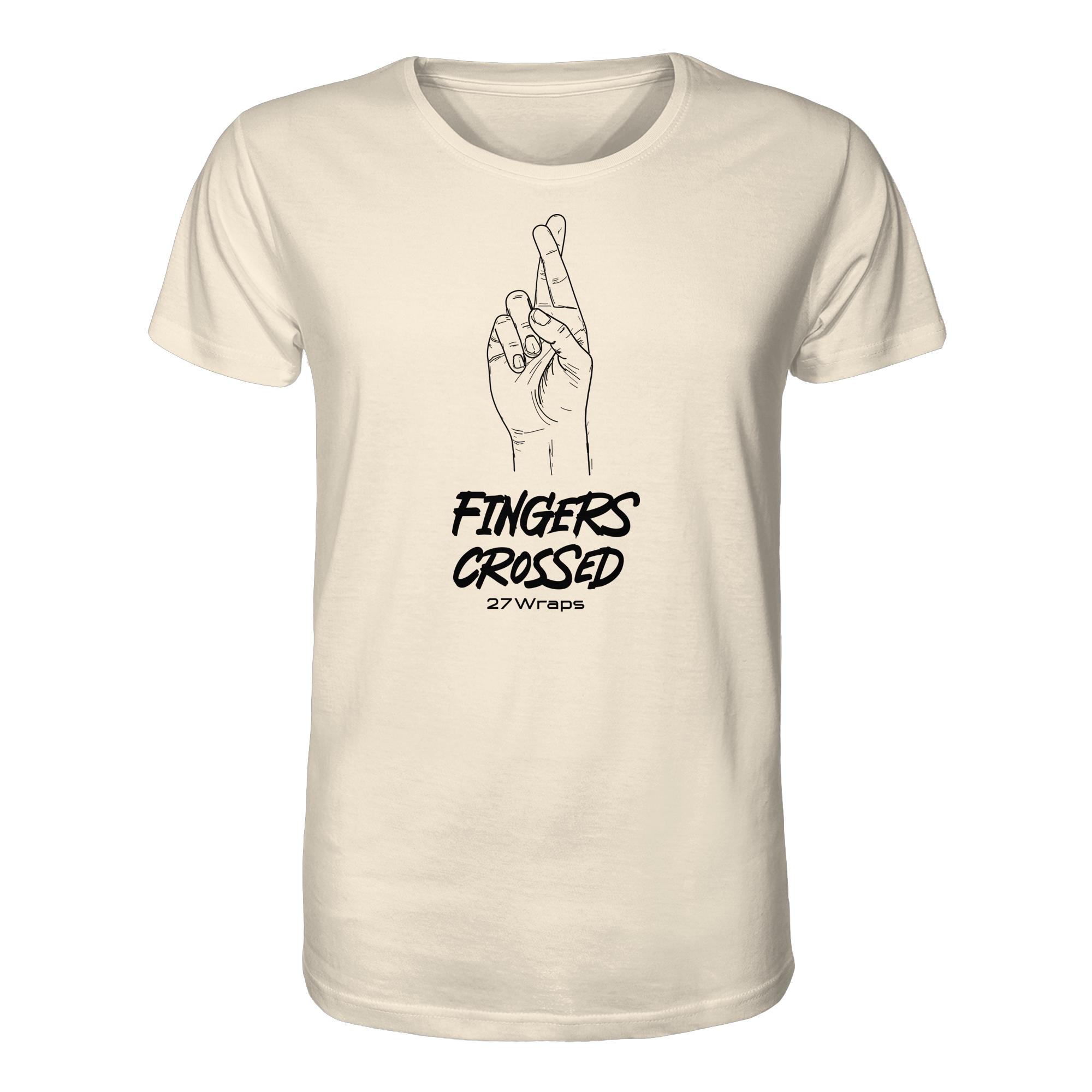 Fingers Crossed T-Shirt für Karpfenangler: ein cooles Karpfen Shirt für Karpfenangler mit Rückendruck in naturweiß. Ein elegantes T-Shirt zum Karpfenangeln und eine besondere Geschenkidee für Karpfenangler.